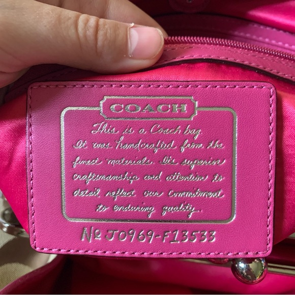 Coach J0969-F13533 Purse Signature Stripe Kisslock Khaki/Pink Jacquard Fabric - Picture 2 of 16